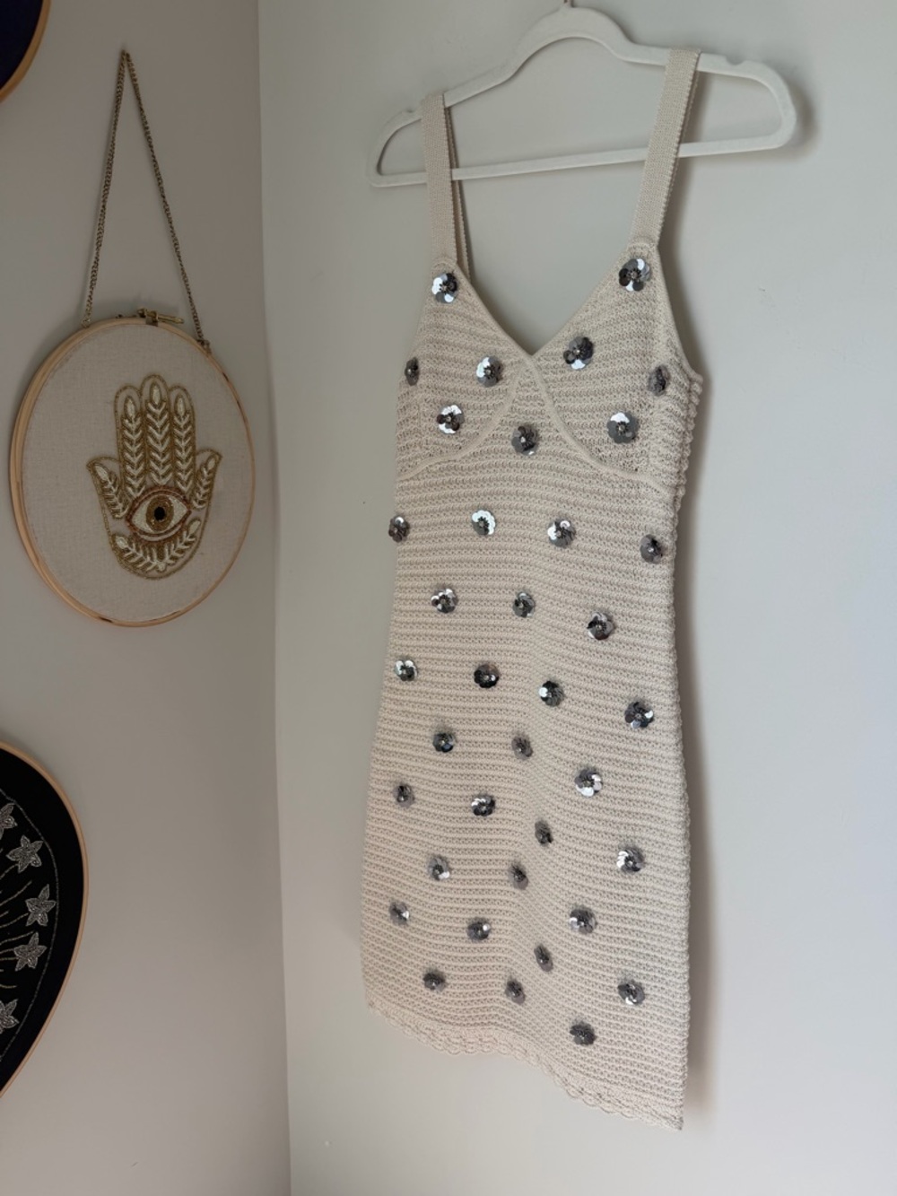 Toccin cream crochet silver flower sequins cotton sleeveless mini Dress